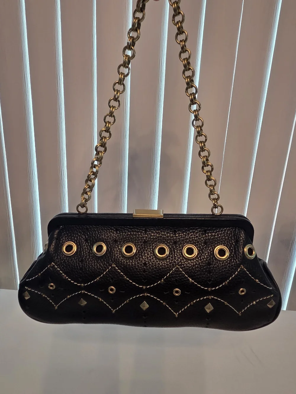 VTG Adrienne Vittadini Black Leather Clutch Gold Chain Studs 90s Retro Edgy NWOT